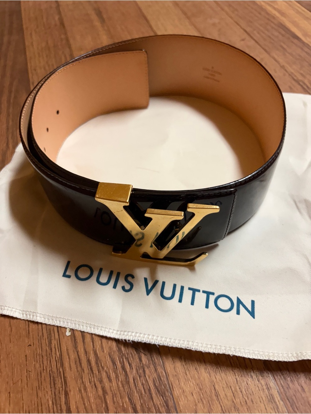 Louis Vuitton Black Patent Leather Belt with Gold LV Buckle